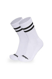 Pair of white cotton ringer socks with black stripes and black logo detail on toes