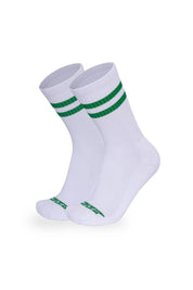 White cotton ringer socks with double green stripes, athletic style, side view