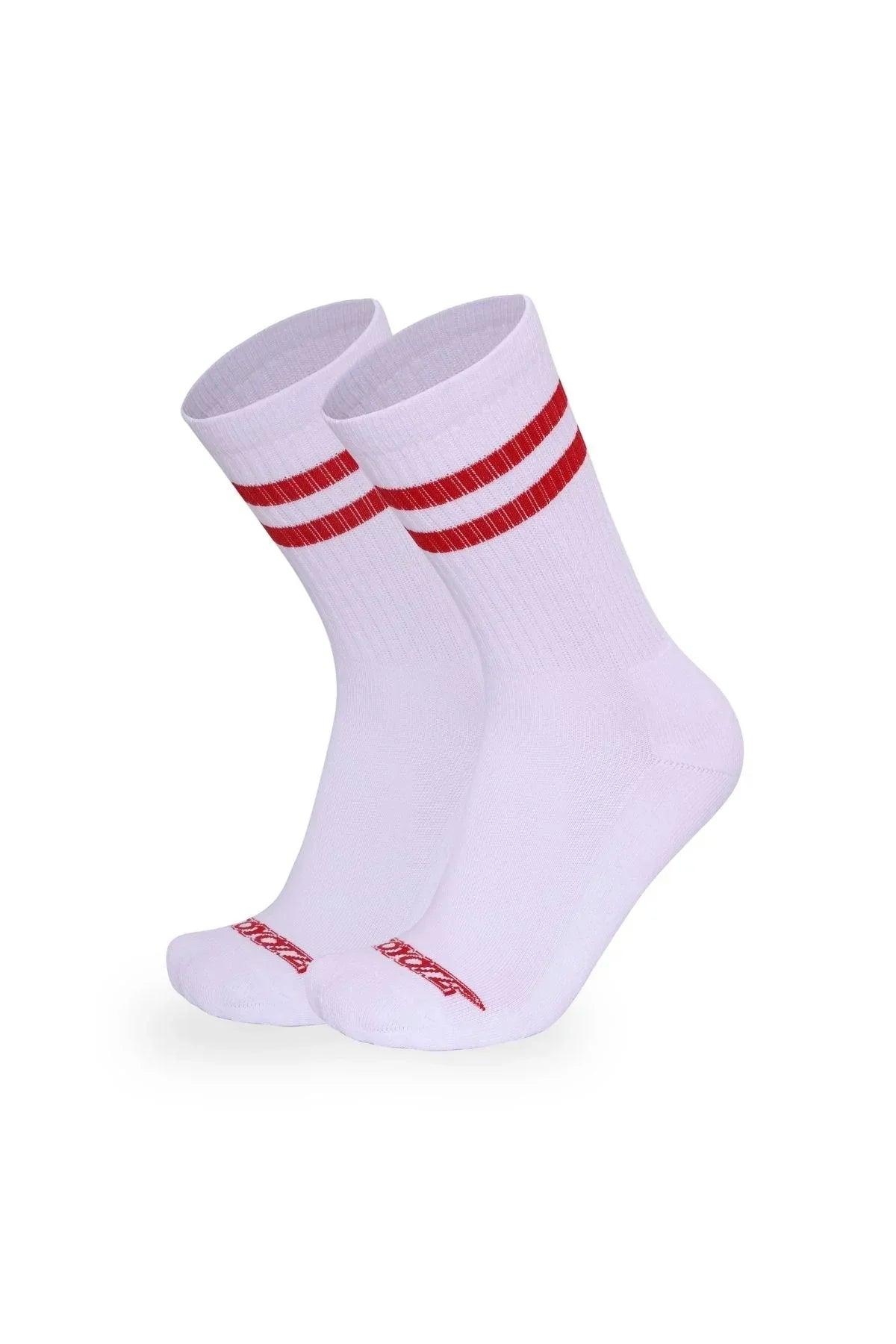 White cotton ringer socks with red stripes and red logo detail, athletic style.