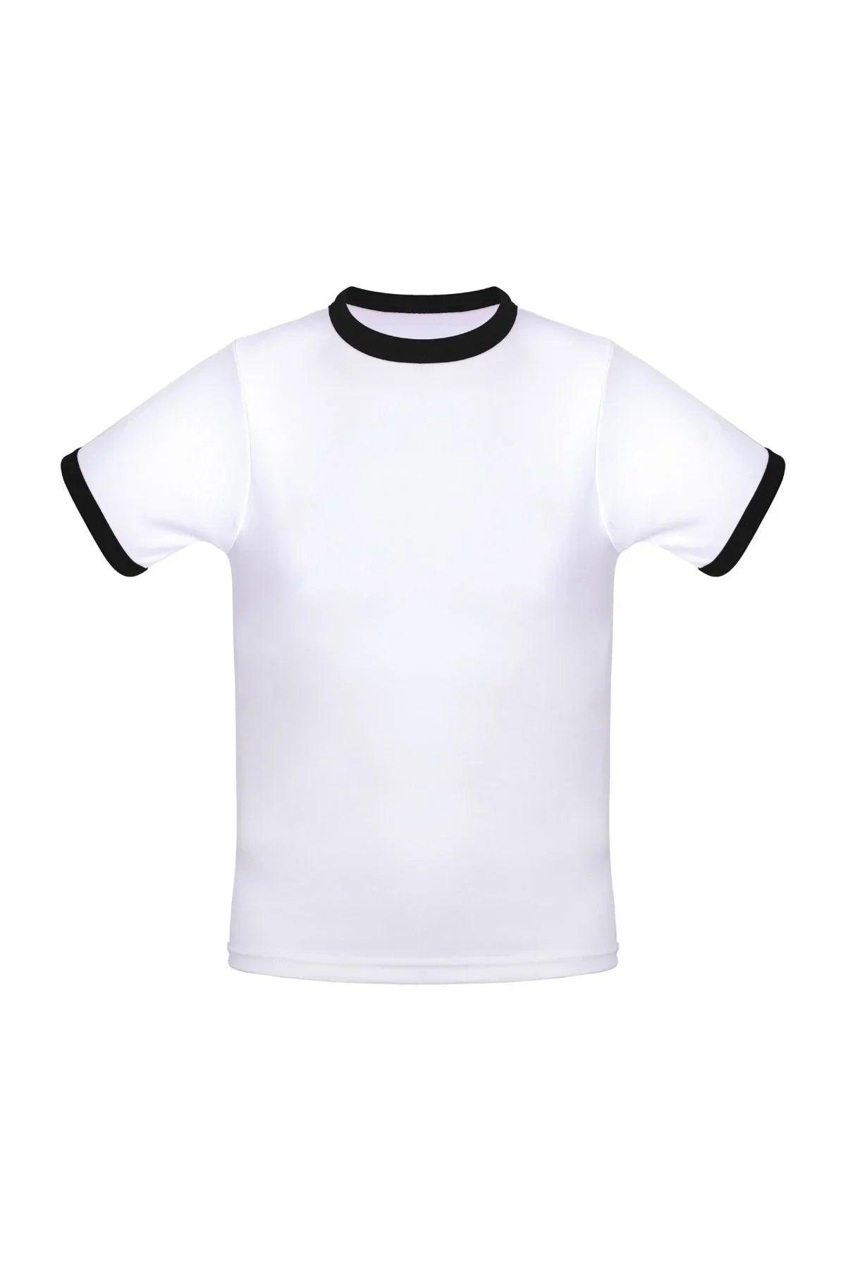 White cotton ringer t-shirt with black collar and sleeve trim on plain background