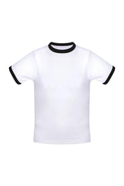 White cotton ringer t-shirt with black collar and sleeve trim on plain background