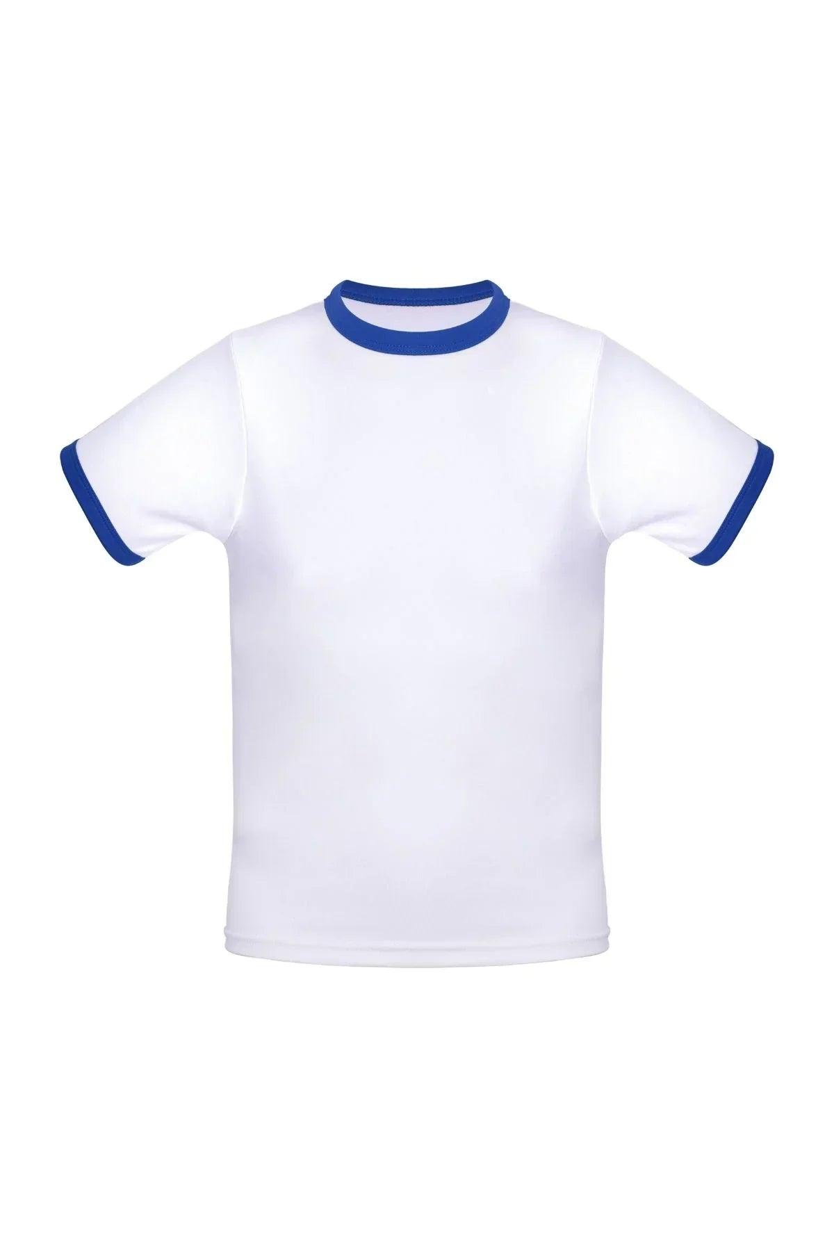 White cotton ringer T-shirt with blue collar and sleeve trim, front view