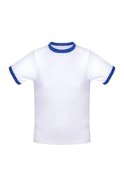 White cotton ringer T-shirt with blue collar and sleeve trim, front view