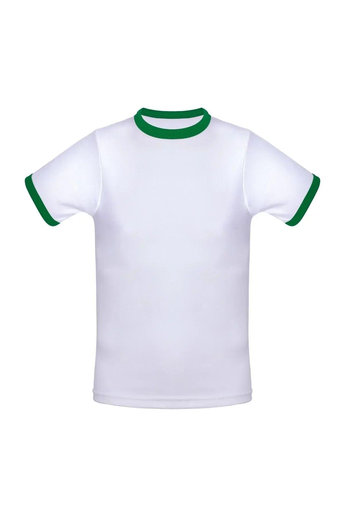 White cotton ringer T-shirt with green collar and sleeve trim, short sleeves, plain front