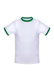 White cotton ringer T-shirt with green collar and sleeve trim, short sleeves, plain front