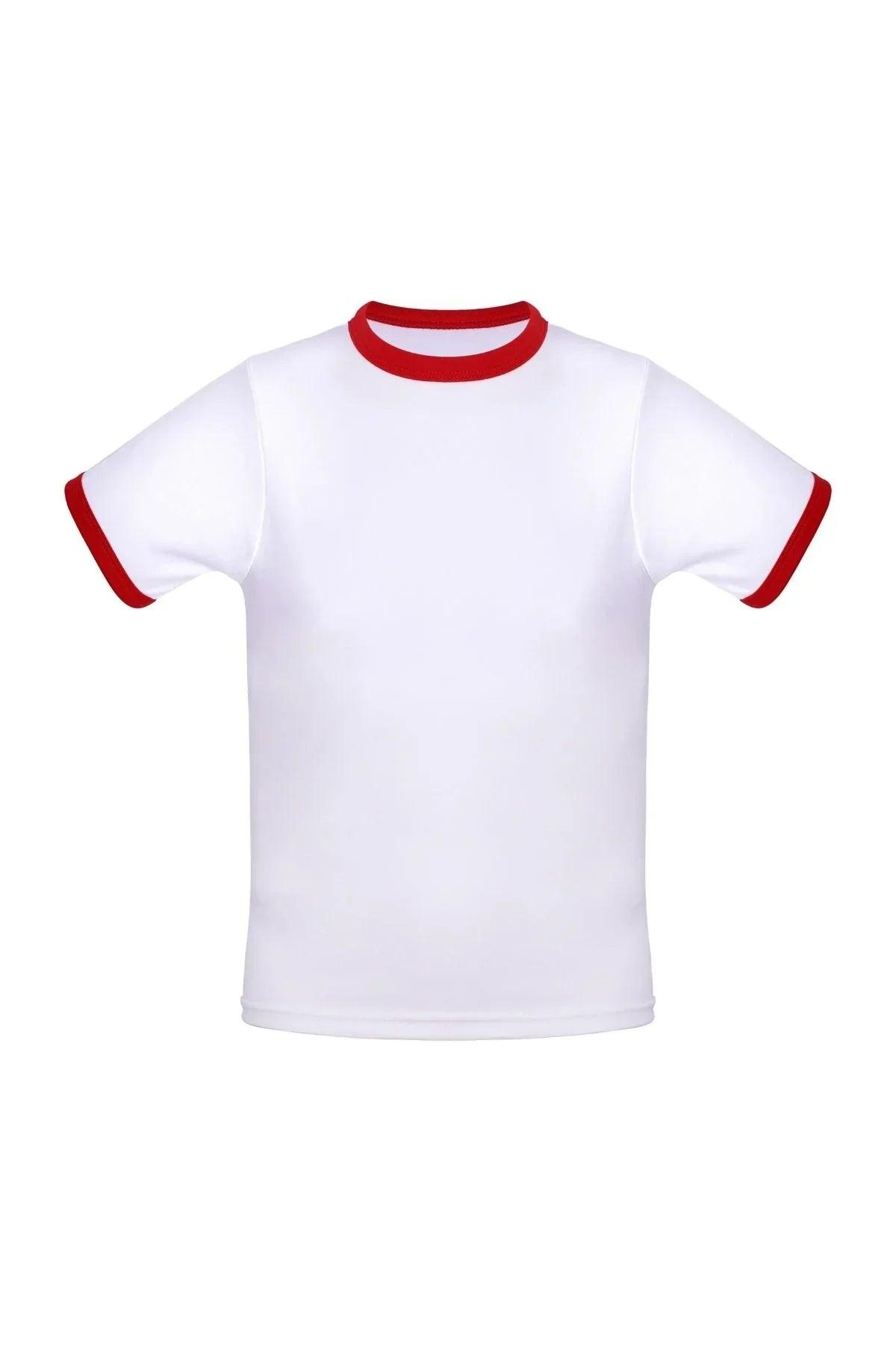 White cotton ringer T-shirt with red collar and sleeve trim on plain background
