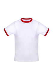 White cotton ringer T-shirt with red collar and sleeve trim on plain background