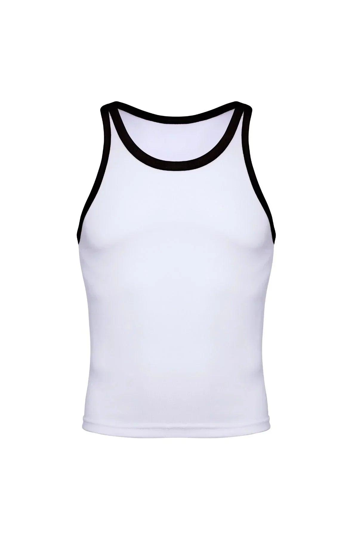 White cotton ringer tank top with black trim, sleeveless athletic cut, front view