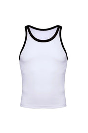 White cotton ringer tank top with black trim, sleeveless athletic cut, front view
