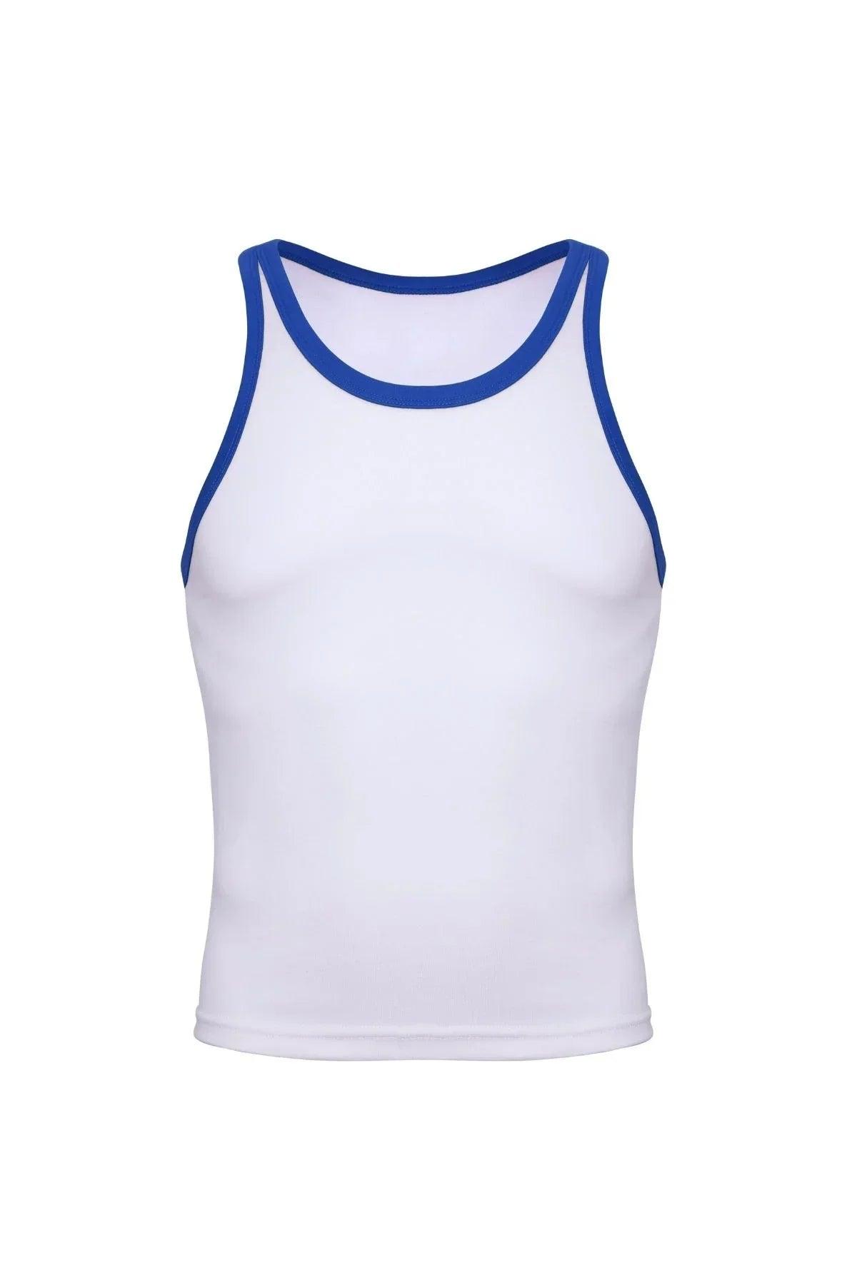 White cotton ringer tank top with blue trim, men's athletic fitted sleeveless shirt