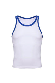 White cotton ringer tank top with blue trim, men's athletic fitted sleeveless shirt