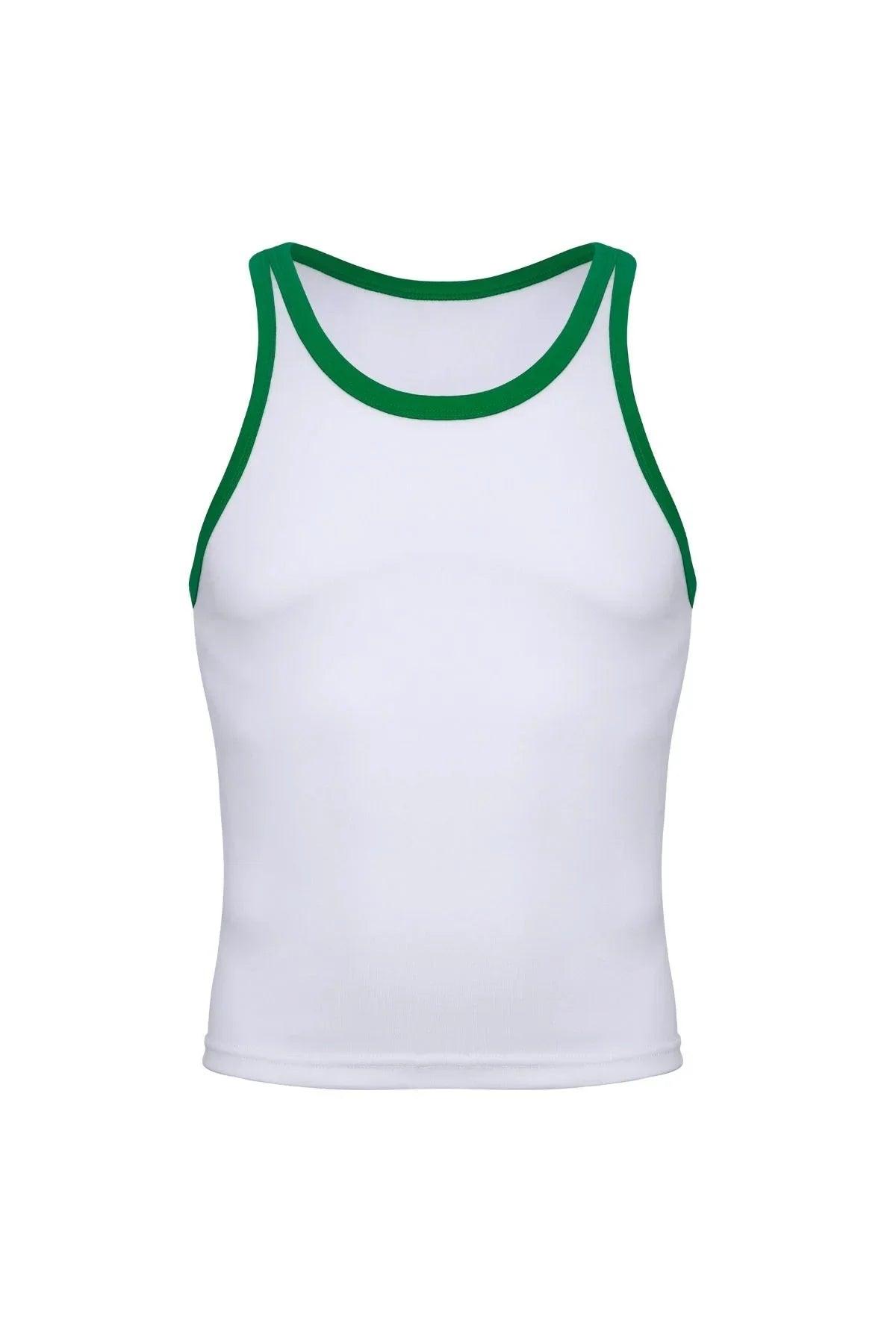 White cotton ringer tank top with green trim, athletic fit, men's sportswear.