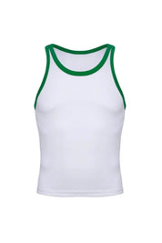White cotton ringer tank top with green trim, athletic fit, men's sportswear.