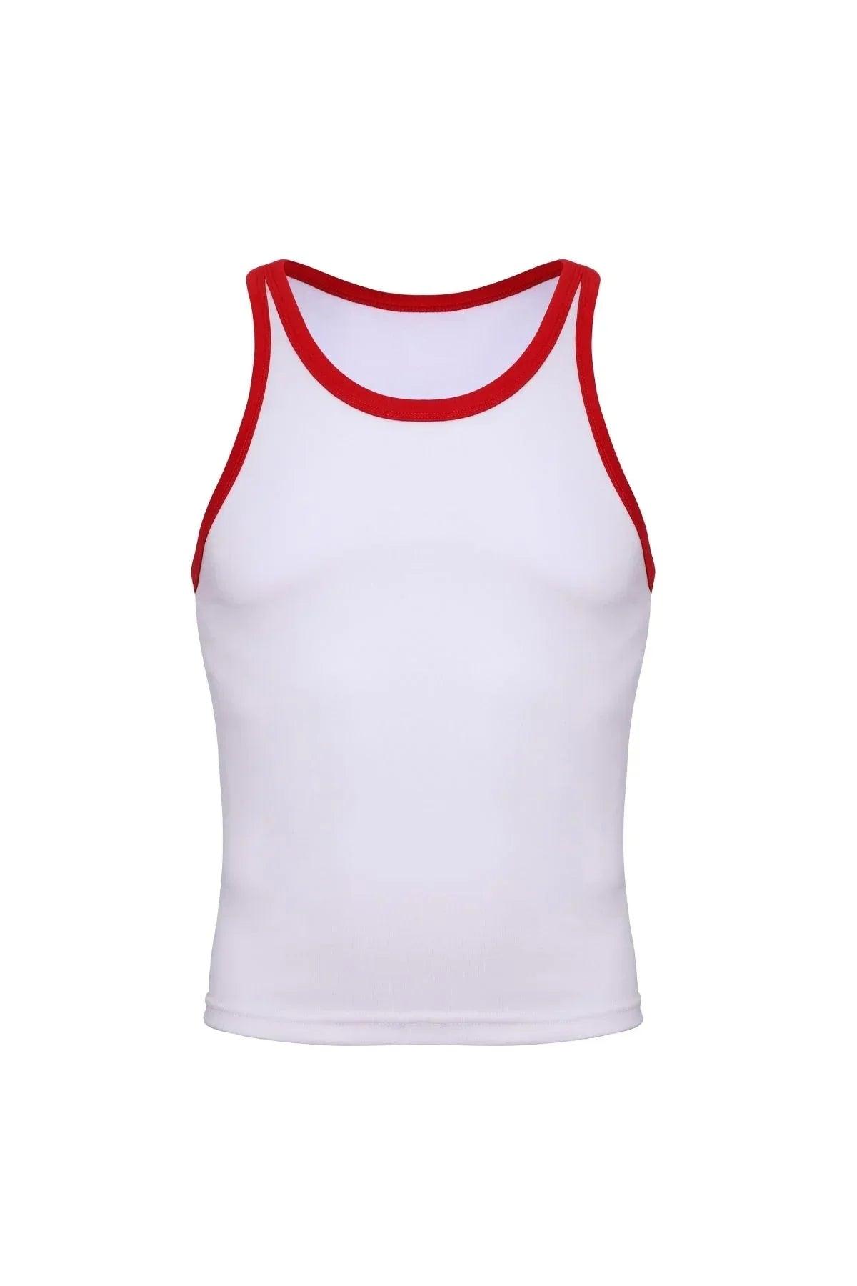 White cotton ringer tank top with red trim, front view, men's sportswear