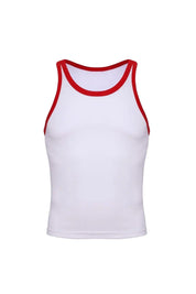 White cotton ringer tank top with red trim, front view, men's sportswear