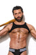 Muscular man in black athletic jockstrap, tank top, and striped socks holding baseball bat on turf