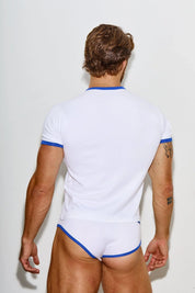 Man from behind wearing white ringer t-shirt and white brief underwear with blue trim