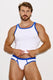 Man modeling white athletic tank top and briefs with blue trim against white background