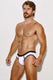 Athletic man modeling white and black men's underwear against a plain background