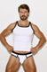 Man modeling white tank top and white briefs with black trim, men's underwear fashion
