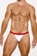 Athletic male model wearing white bikini brief underwear with red waistband