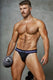 Muscular man in black jockstrap underwear with striped waistband holding dumbbell