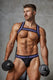 Muscular man modeling stylish black harness and thong underwear, holding dumbbells