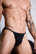 Muscular man in black thong underwear, showcasing defined abs and tattooed arm