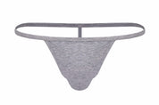 Gray cotton ribbed men's thong underwear with minimal waistband on white background