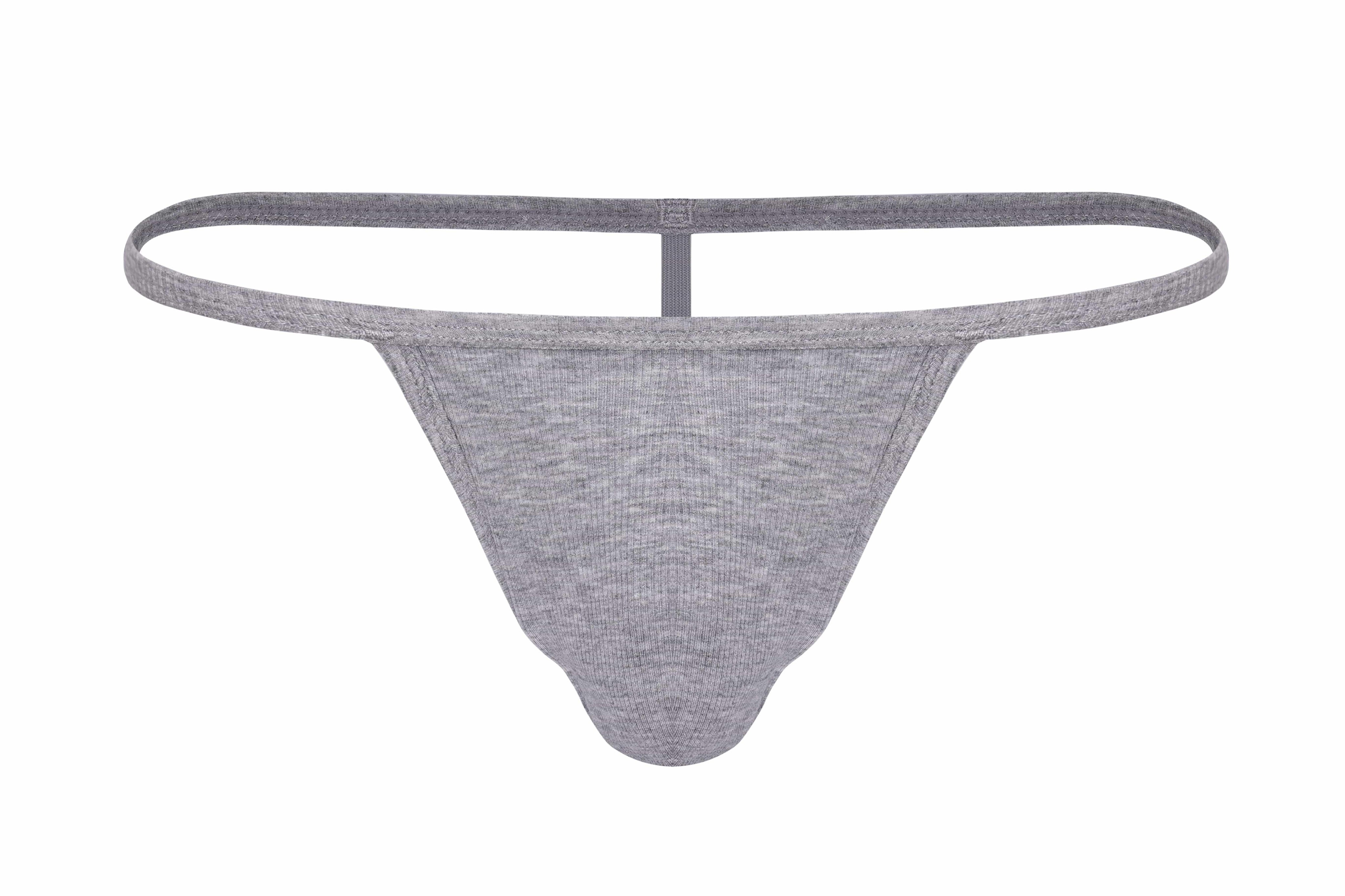 Gray cotton ribbed men's thong underwear with minimal waistband on white background