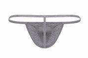Grey ribbed men's cotton thong underwear with minimalist waistband, front view