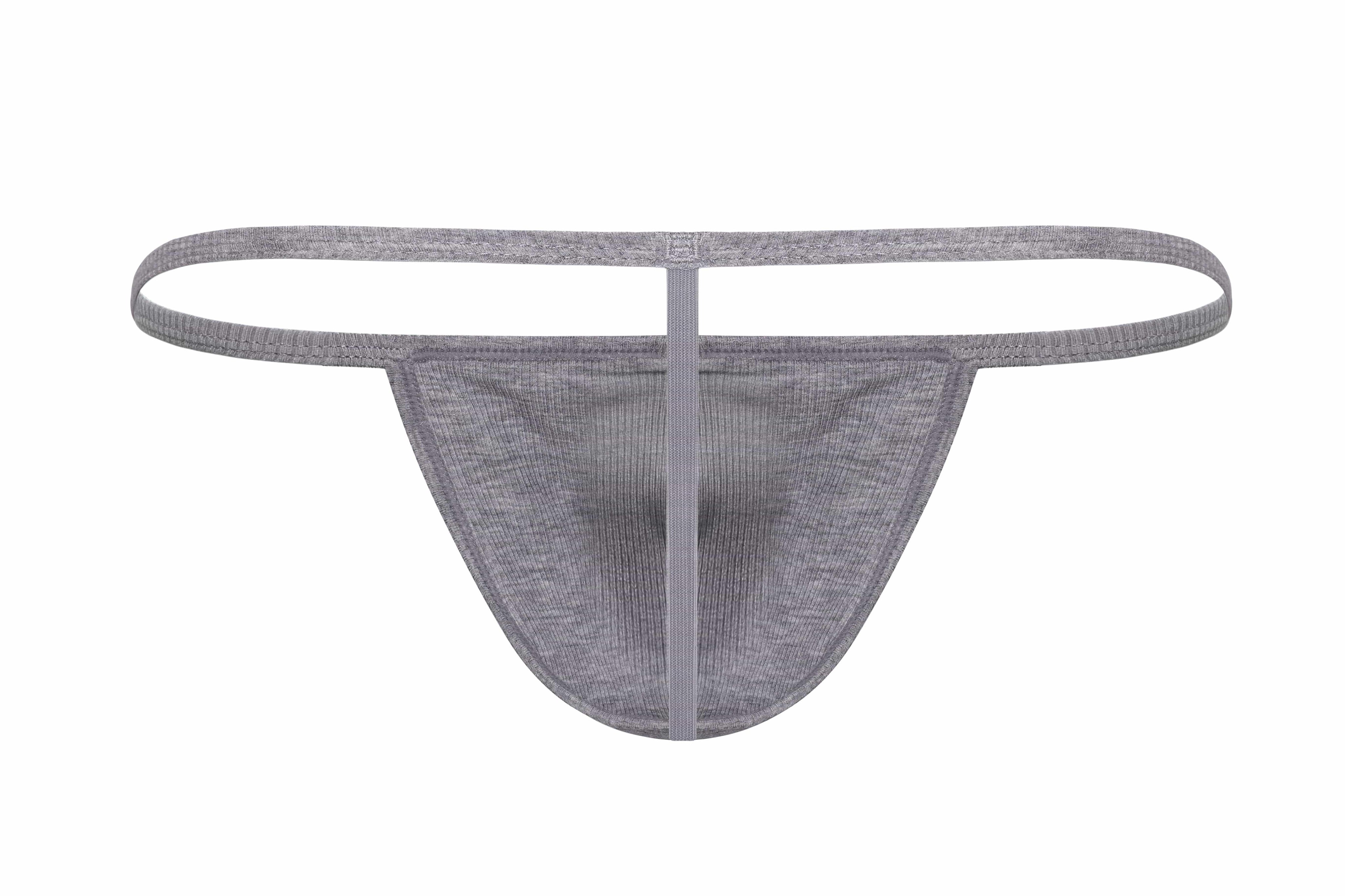 Grey ribbed men's cotton thong underwear with minimalist waistband, front view