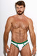 Athletic man in white and green men's briefs posing against a white background