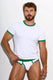 Man modeling white ringer t-shirt and matching white briefs with green trim
