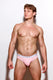 Male model in pink ribbed briefs with white waistband, posing against a white background.