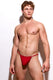 Male model in red minimal thong underwear posing against a white background