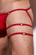 Close-up of male thigh wearing red strappy underwear with ring detailing, sexy men's lingerie