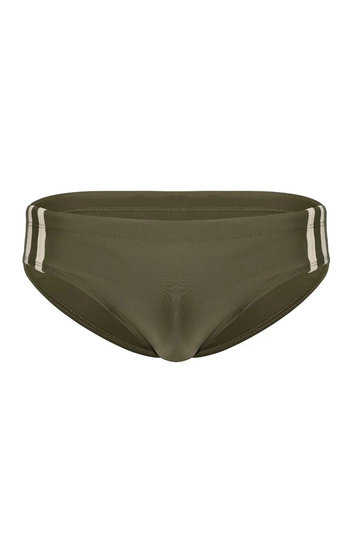 Men’s moss green swim brief with white side stripes, front view on white background