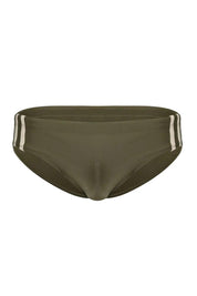 Men’s moss green swim brief with white side stripes, front view on white background