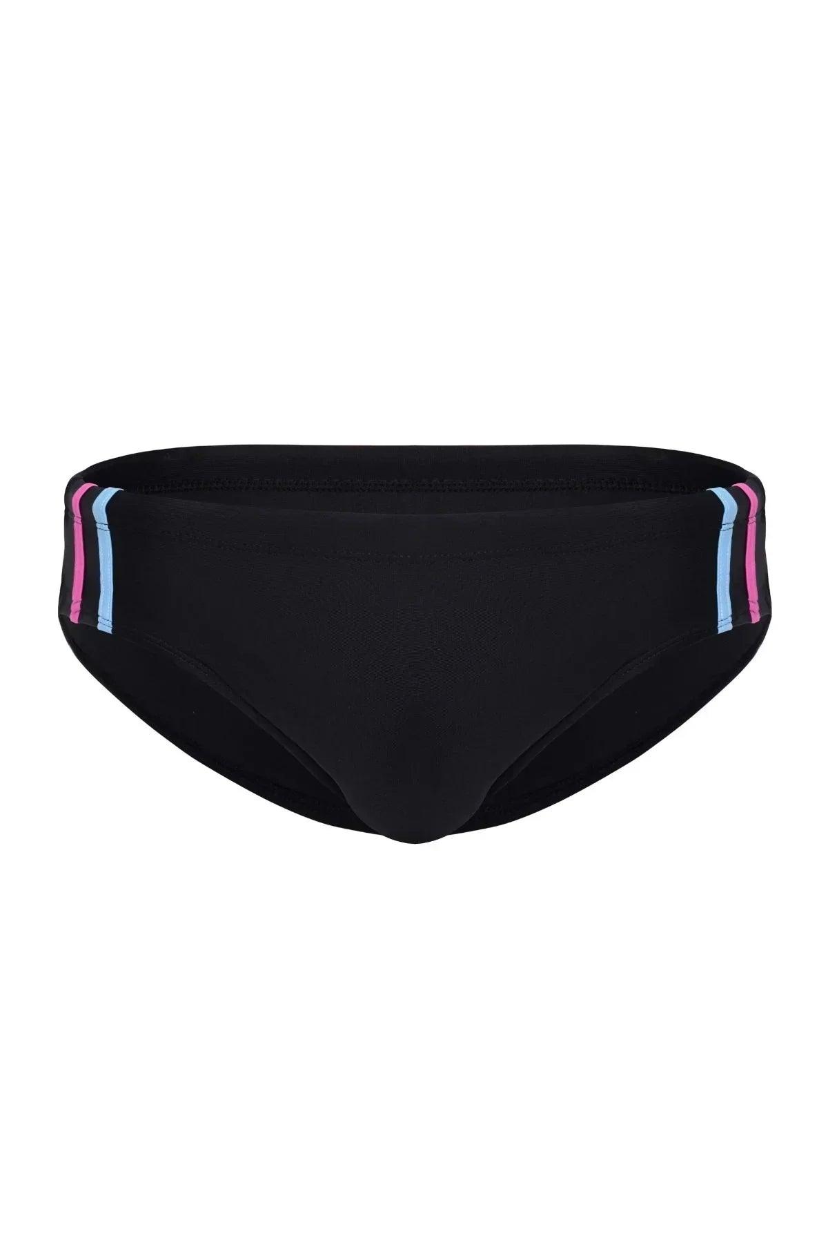 Black men's swim brief with pink and blue neon side stripes, front view