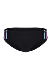 Black men's swim brief with pink and blue neon side stripes, front view