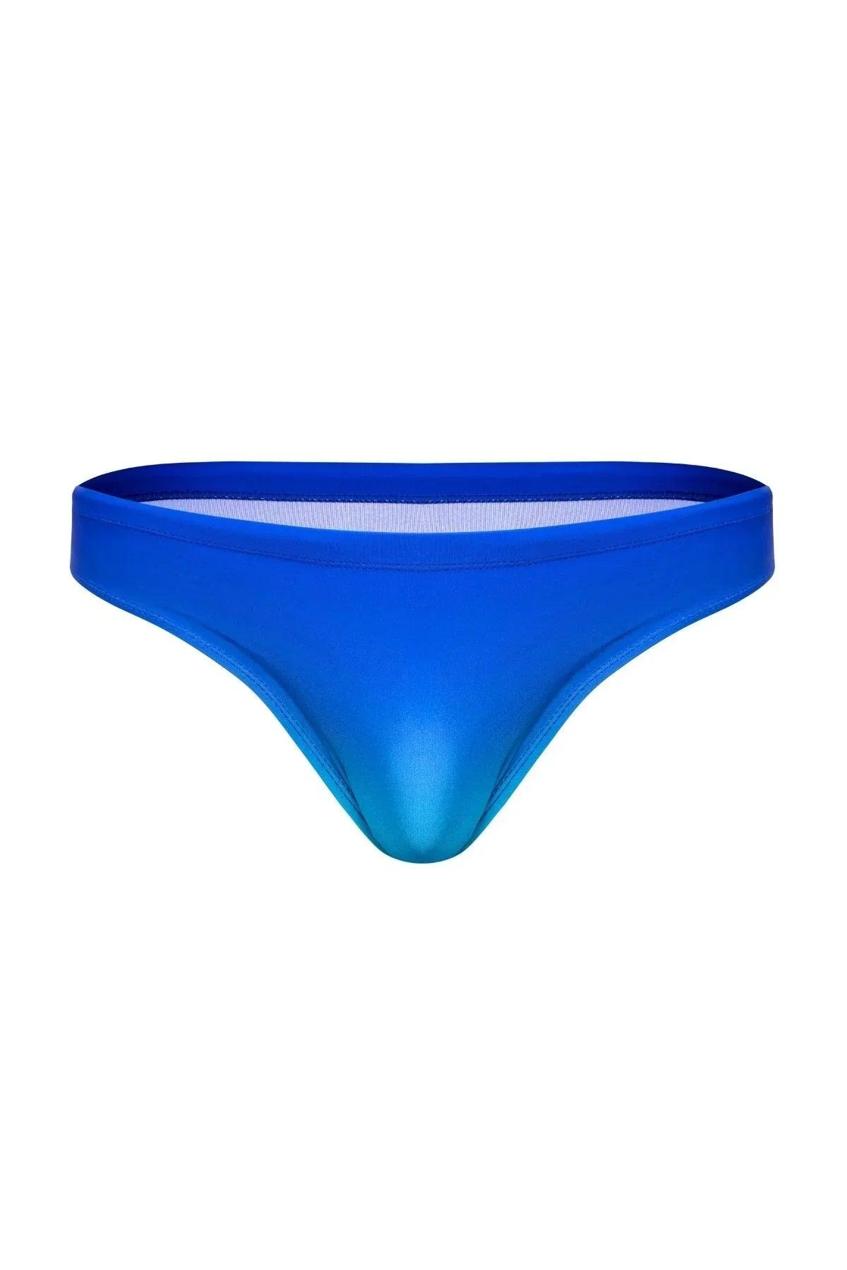 Blue men's swim brief with a gradient ocean color design on a white background.