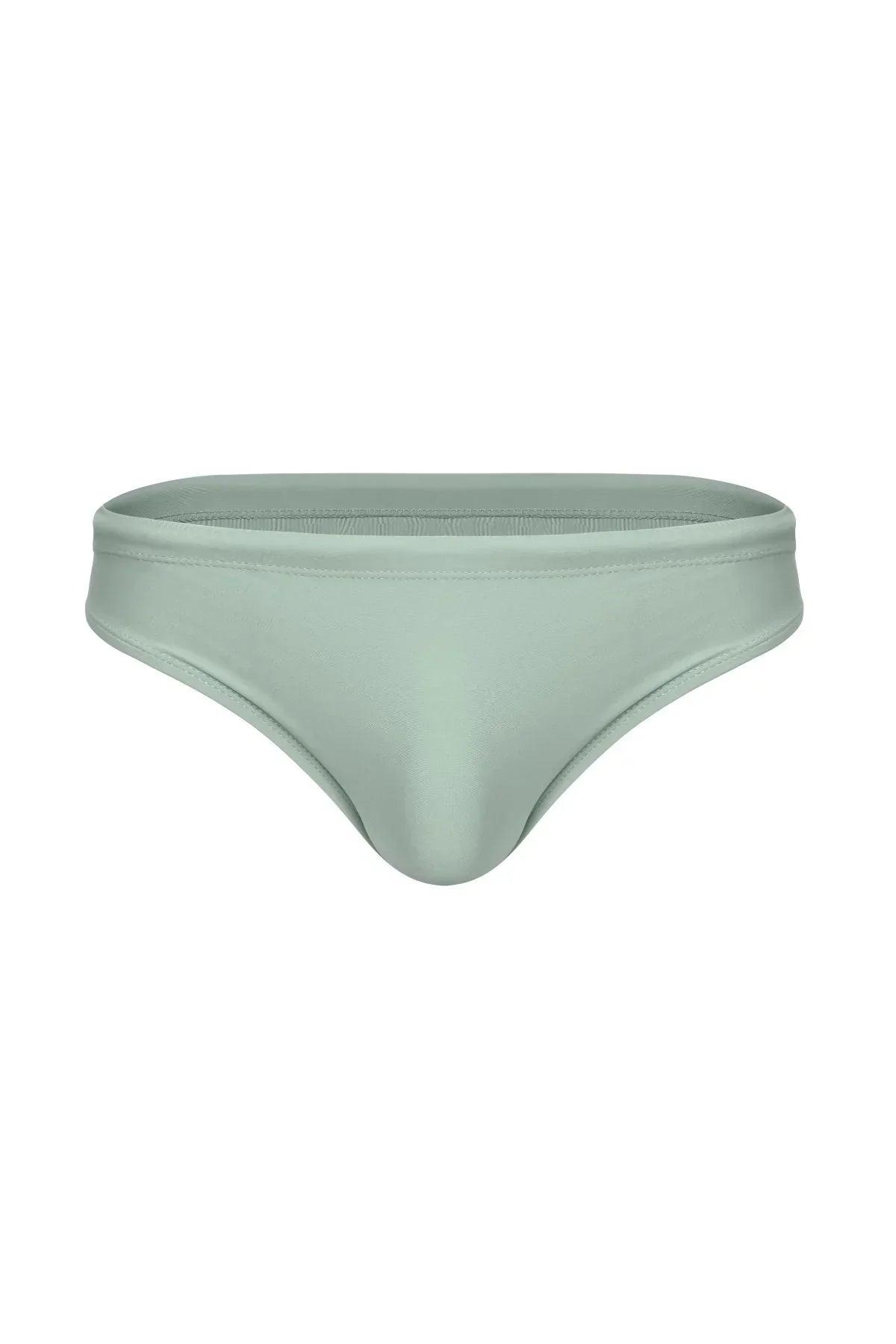 Men's sage green swim brief with contoured pouch, minimalist design on white background