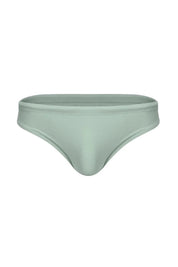 Men's sage green swim brief with contoured pouch, minimalist design on white background