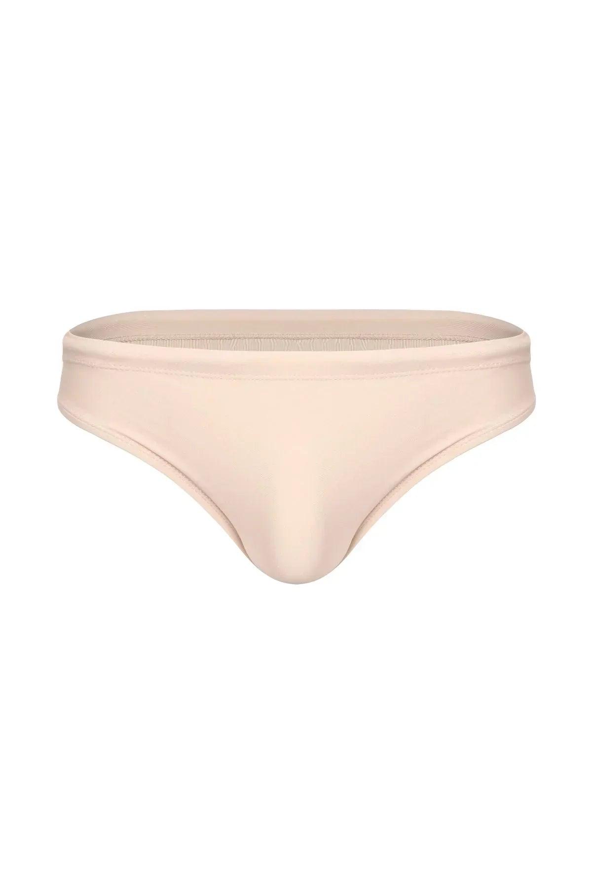 Men's beige swim brief with low-rise fit and smooth fabric, front view on white background