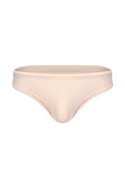 Men's beige swim brief with low-rise fit and smooth fabric, front view on white background