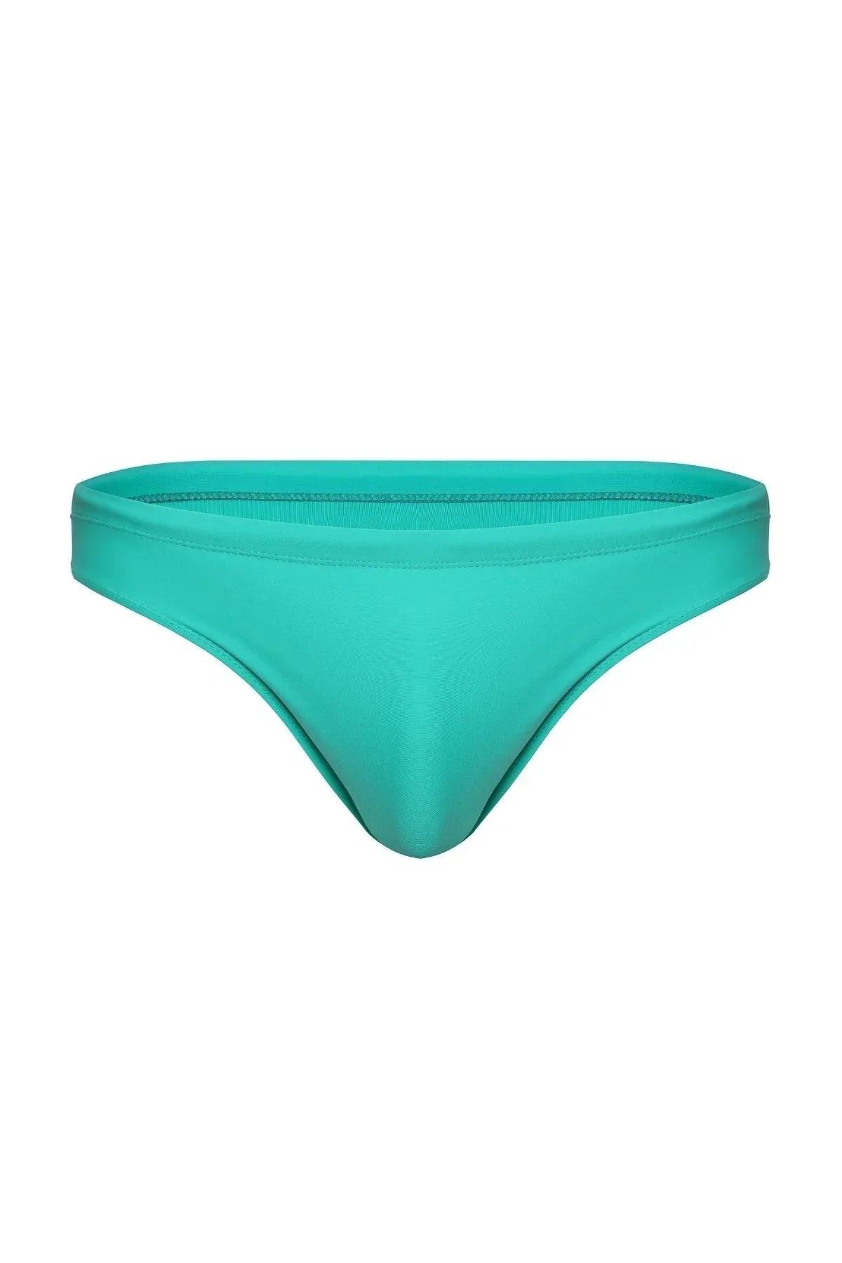 Seafoam green men's swim brief with low-rise fit on white background