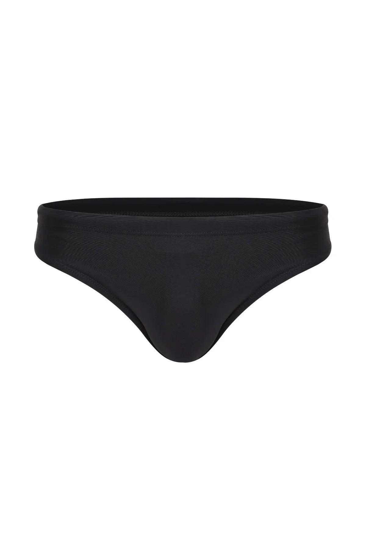 Black men's swim brief with a sleek, minimal design on a white background.