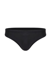 Black men's swim brief with a sleek, minimal design on a white background.