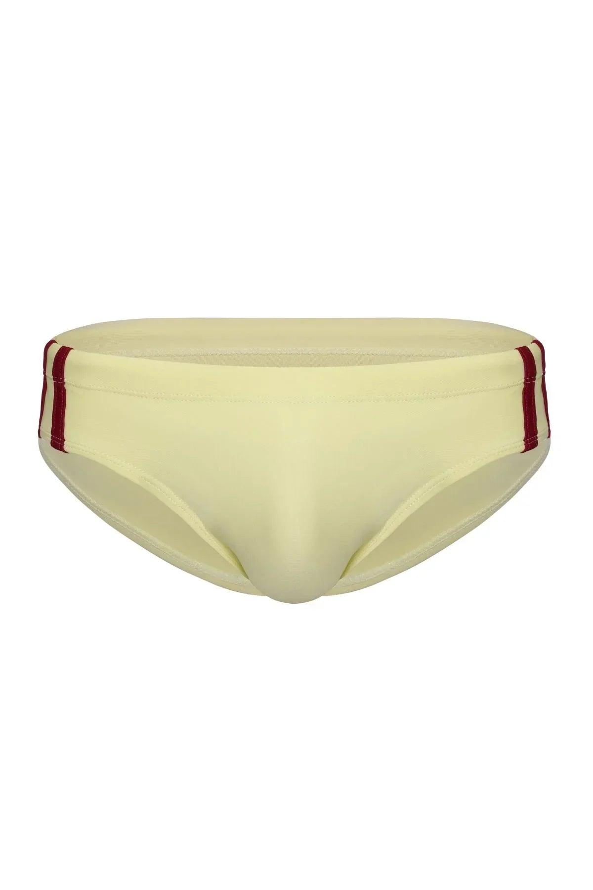Yellow men's swim brief with red side stripes, front view on white background